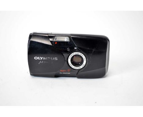 An Olympus mju II all-weather point-and-shoot compact camera, in black.