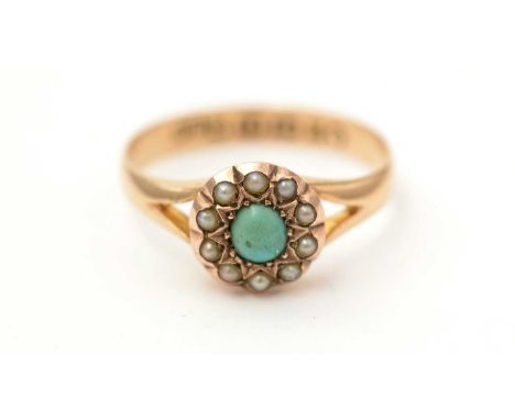 A Victorian turquoise and seed pearl cluster ring, in 18ct yellow gold, size M 1/2, 2.2g gross.