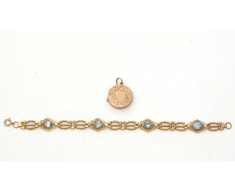An light blue topaz and 9ct yellow gold bracelet, 7.5cms long, 5.9g; and a locket pendant, stamped 'Gold' to reverse, 8.8g gr