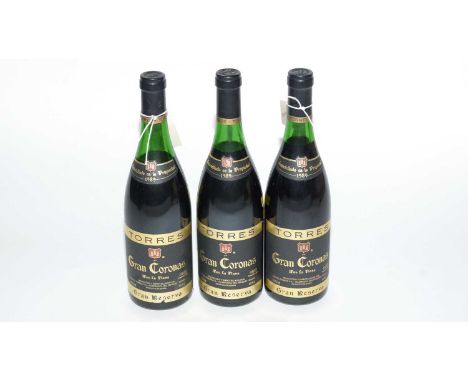 Torres Gran Coronas Mas La Plana Dry Red Wine, Reserva 1989, Penedes, Spain, three bottles.