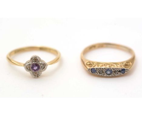 An Edwardian amethyst and diamond ring, of quatrefoil design, in platinum mount and 18ct yellow gold shank, ring size M; toge