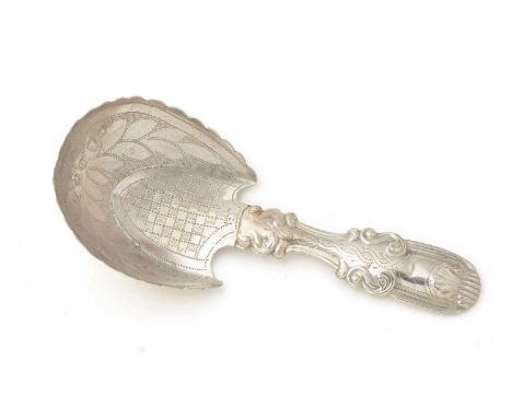 A George IV silver “pastern hoof” caddy spoon, with an engraved bowl and a hollow, patterned stem, by John Bettridge, Birming