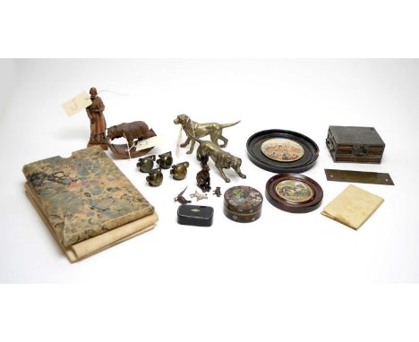 Assorted collectibles, including: a bronzed hare sculpture, 8.5cms high; a pair of bronzed dog figures; a Swiss Black Forest 