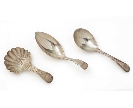 Three silver caddy spoons by the Batemans: a bright-cut spoon with a scallop-shell bowl by Peter &amp; Anne Bateman, London 1