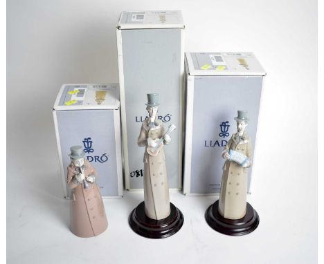 A Lladro ceramic table bell band, comprising: ‘Musician with Guitar’; ‘Musician with Clarinet’; and ‘Musician with Accordion’