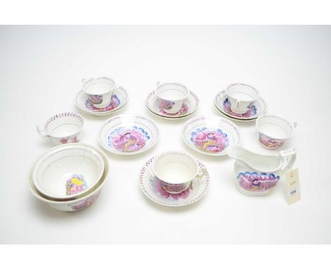 A 19th Century Sunderland Lustre ‘Cupid and Venus’ pattern part tea service, comprising six cups, nine saucers, two sugar bow