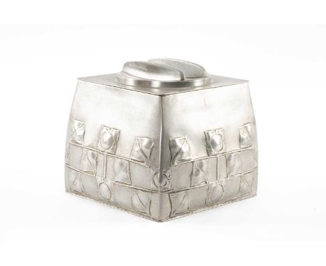 ARCHIBALD KNOX FOR LIBERTY: PEWTER BISCUIT BOX, model 0194 by Tudric Pewter Ware, approx. 14cms (h) base to handleProvenance:
