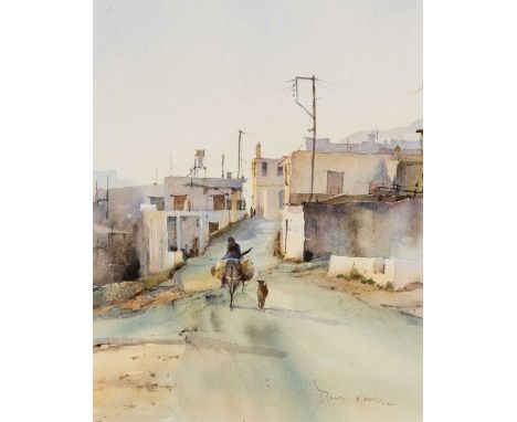 DAVID HOWELL (b. 1939) watercolour - Middle Eastern street scene with a figure riding a donkey, signed, 26 x 21cmsProvenance: