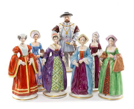 SET OF SITZENDORF HENRY VIII & SIX WIVES FIGURES, comprising Henry VIII, Ann Boleyn, Anne of Cleves, Catherine Parr, Jane Sey