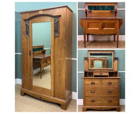 STYLISH HARRIS LEBUS ARTS & CRAFTS OAK BEDROOM SUITE, c. 1905, mirrored wardrobe, 205 (h) x 120 (w) x 50cms (d), tile-back an