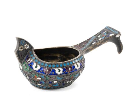 RUSSIAN CLOISONNE ENAMEL & SILVER GILT KOVSH, Moscow 1907-1926, cyrillic maker's mark 'MZ' and 84 kokoshnik mark, foliate scr