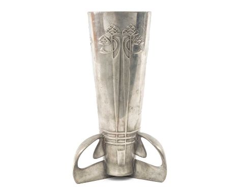 ARCHIBALD KNOX FOR LIBERTY: 'TUDRIC' PEWTER VASE, shape no. 0227, cast in low relief with stylised foliage, three lug feet, s