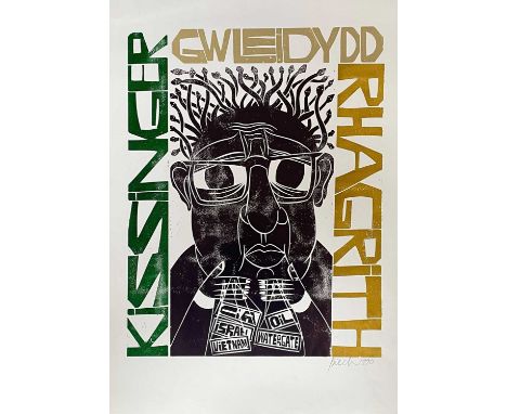‡ PAUL PETER PIECH (American, lived / worked Wales 1920-1996) four colour woodcut print - caricature of American diplomat and