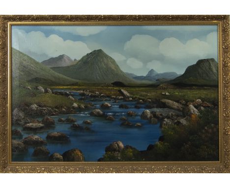 R STUBBS, HIGHLAND LANDSCAPE oil on canvas, signed image size 61cm x 91cm, overall size 69cm x 99cm Framed.