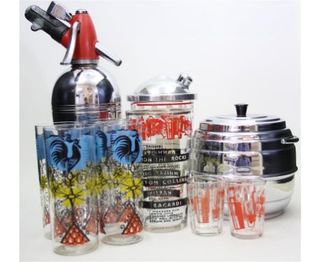 A collection of 1950's and 1960's bar ware.  To include a chrome plated ice bucket, a Sparklets soda syphon, two shot glasses