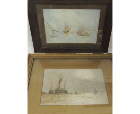 G F ELLYATT - Low tide with moored sailing barges, watercolour, signed and dated 1909, 17.5cms x 27cms together with a waterc