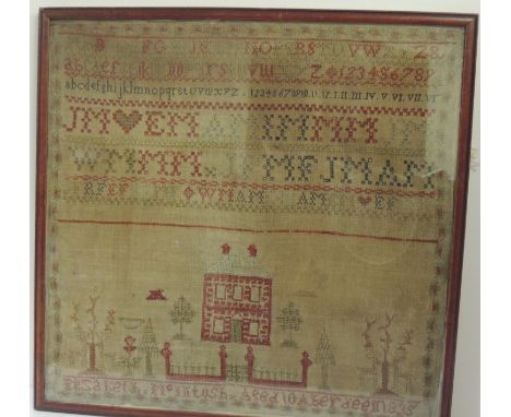 An early 19th Century sampler worked with coloured thread on a coarse ground with alphabet, numbers, some letters formed with