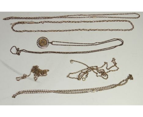 A 9ct gold curb link neck chain, 18 inches approx, a fine 9ct gold rope link chain with 9ct pendant piece set with a small St