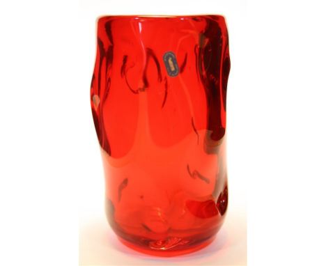 A Whitefriar's Ruby Red knobbly vase; designed by William Wilson and Harry Dyer.  21.5 cm high.  Pattern No.9610.