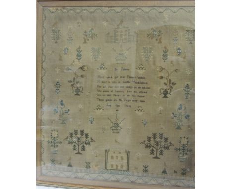 A George IV sampler worked with coloured silk thread on a fine ground with houses, stylised trees and flowers and central sho