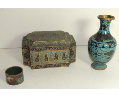 A Persian style brass casket with raised and enamel decoration together with a Chinese cloisonne vase and napkin ring (3) 