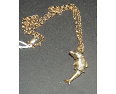 A 9ct gold box link chain with a gem set dolphin pendant, total weight 14.6g