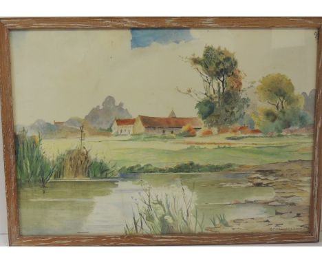 G F ELLYATT - Landscape with farm in the background, watercolour, signed and dated 1908, 24cms x 34.5cms together with a wate