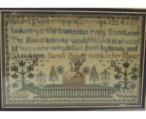 A small 19th Century sampler worked in coloured thread on a course ground with alphabet, numbers, short verse and stylised ho