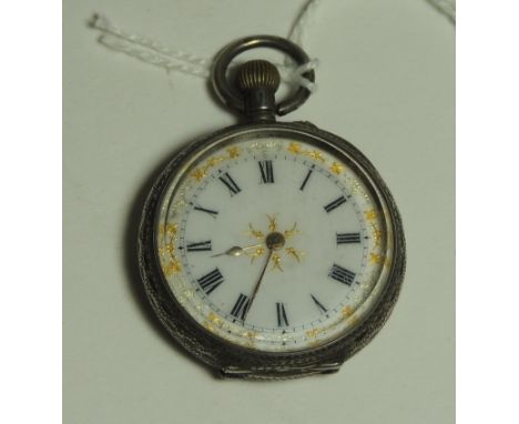 A .935 silver cased keyless wind fob watch with engraved floral decoration with vacant shield cartouche.  The white enamel di