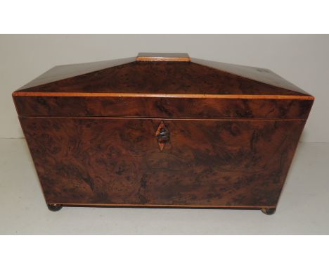 A 19th Century burr wood and box edged sarcophagus shaped tea caddy with brass side carrying handles, the hinged lid silk lin