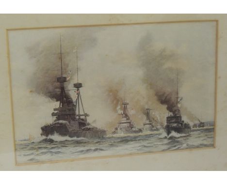 After Norman Wilkinson - War ships under full steam, early 20th Century coloured print, 16cms x 25.5cms