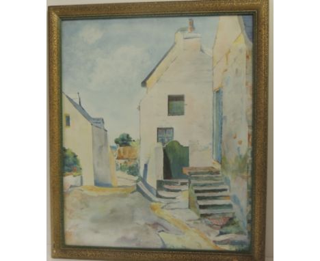 G F ELLYATT - Cottage steps, watercolour, signed and dated 1946, 45cms x 37cms; Coastal scene with pine trees, watercolour, s