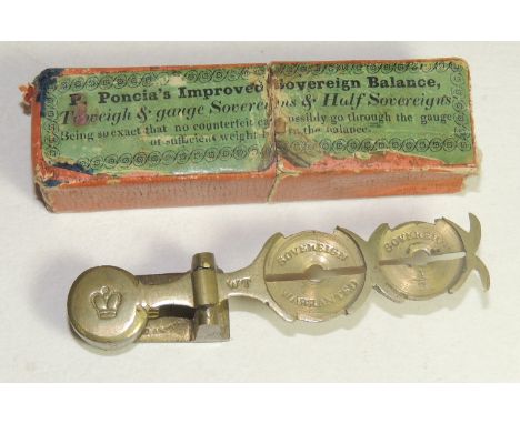 A set of 19th Century brass sovereign/half sovereign scales in original card box labelled for "P Poncia's Improved Sovereign 