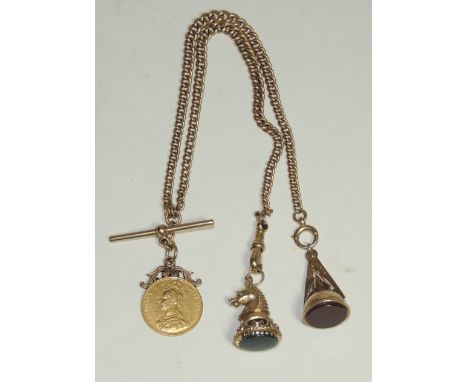 A 9ct gold double Albert chain with attached T bar and Victoria sovereign fob, dated 1887 and with two attached gold seals, o