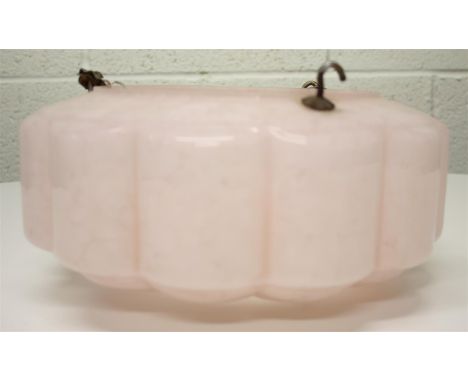 An Art Deco glass ceiling light; with a pink marble effect pattern.  31 cm diameter.