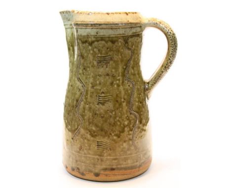 A Phil Rogers salt glaze studio pottery jug.  27 cm high.