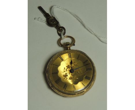 An 18ct gold, open faced key wind pocket watch.  The case with engraved C scroll and floral decoration, with central vacant s