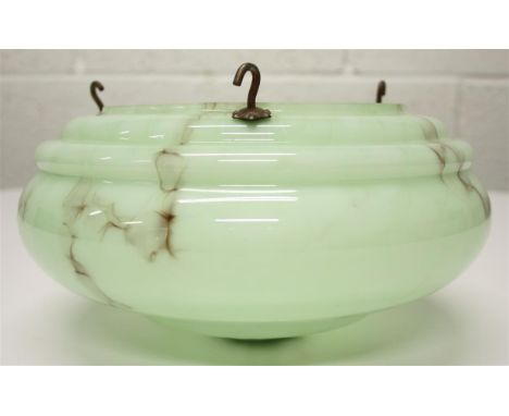 An Art Deco glass ceiling light, with a peppermint green and brown marble-effect pattern.  28 cm diameter.