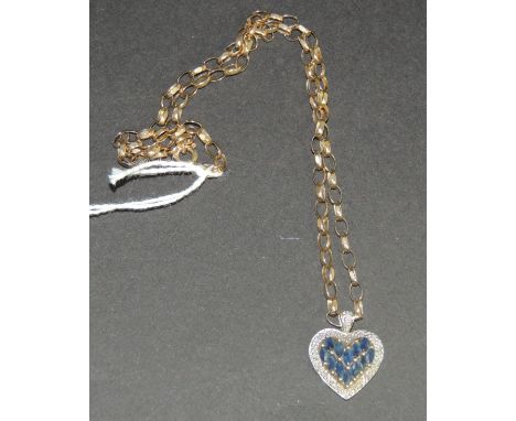 A 9ct gold oval link chain with 9ct gold heart shaped pendant set with sapphires