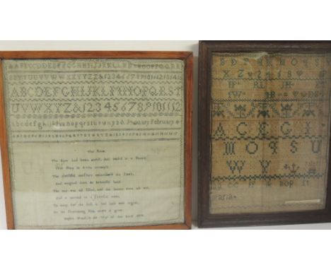 A George III sampler worked in green thread on coarse ground with alphabet, numbers and verse "The Rose" "Sophie Wood in the 