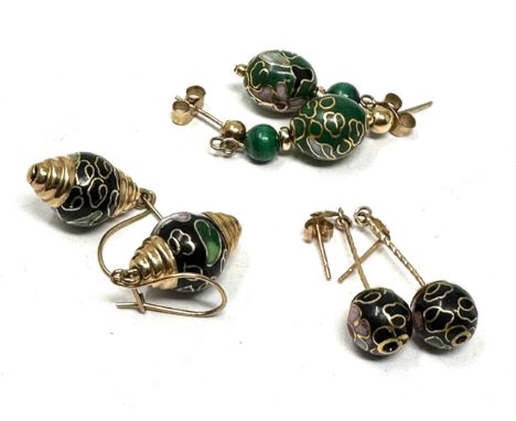 3 X 9ct Gold Enamel Work Drop Earrings (9.1g)