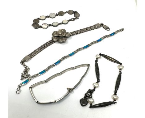 A Collection Of Silver Bracelets Including Opal And Pearl Set (78g)