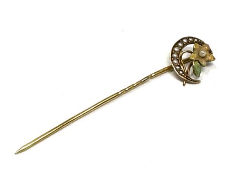 15ct Gold Antique Seed Pearl &amp; Enamel Floral Stick Pin (1.2g)