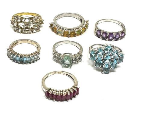 Seven Silver Gemstone Set Rings Including Opal, Ruby And Topaz (30g)