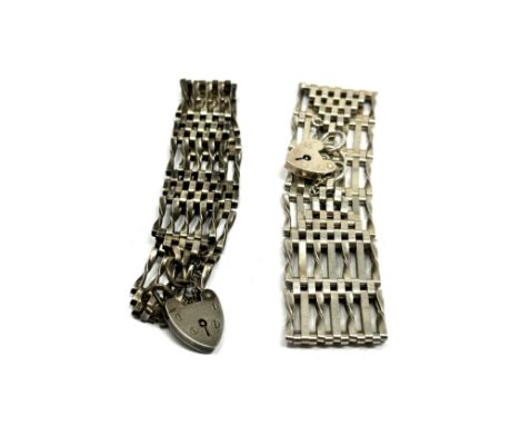 Two Vintage Silver Heart Padlock Clasp Gate Bracelets (51g)