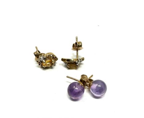 2 X 9ct Gold Vintage Amethyst, Citrine, And Diamond Set Stud Earrings (2.3g)