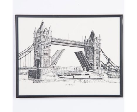 A black and white drawing lithograph on paper depicting the iconic London landmark, Tower Bridge, after artist Bernard Smith.