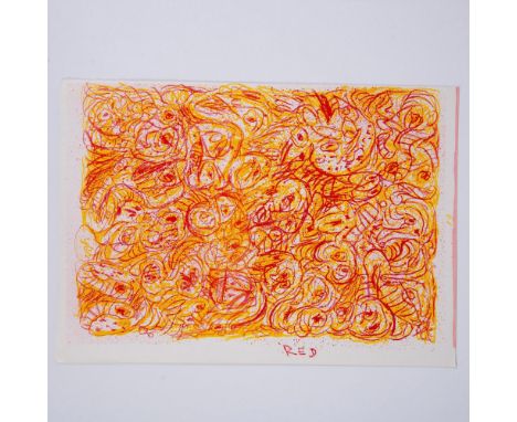 An original lithograph on BFK Rives paper entitled Red by artist Pierre Alechinsky and parts of a poem on verso. Pulled from 