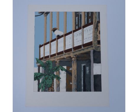 oAn exquisite original lithograph on wove paper entitled Balcony by artist Robert Lider depicting a man on a terrace leaning 