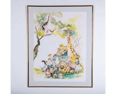 A charming color lithograph on paper after an original 1983 watercolor painting by Don Nedobeck. Artists signature on lower r